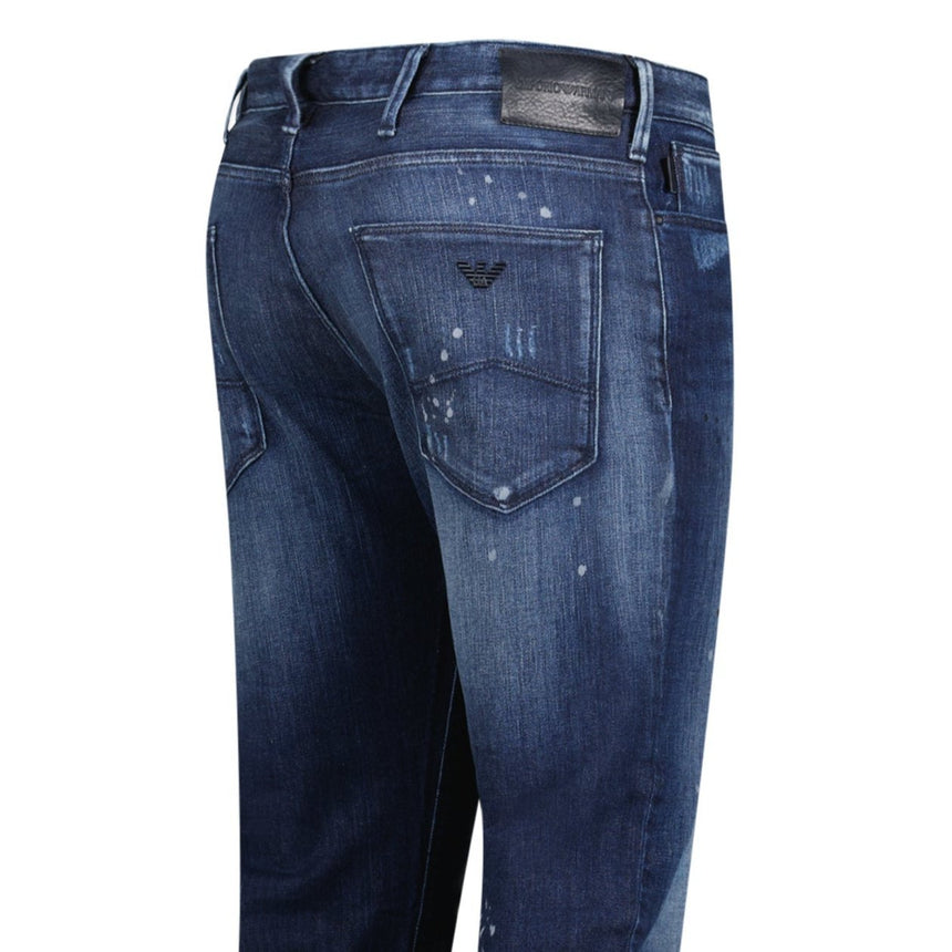 Armani Jeans J06 Slim Fit 5 Pocket Patch Paint Splatter Jeans Blue - Boinclo - Outlet Sale Under Retail