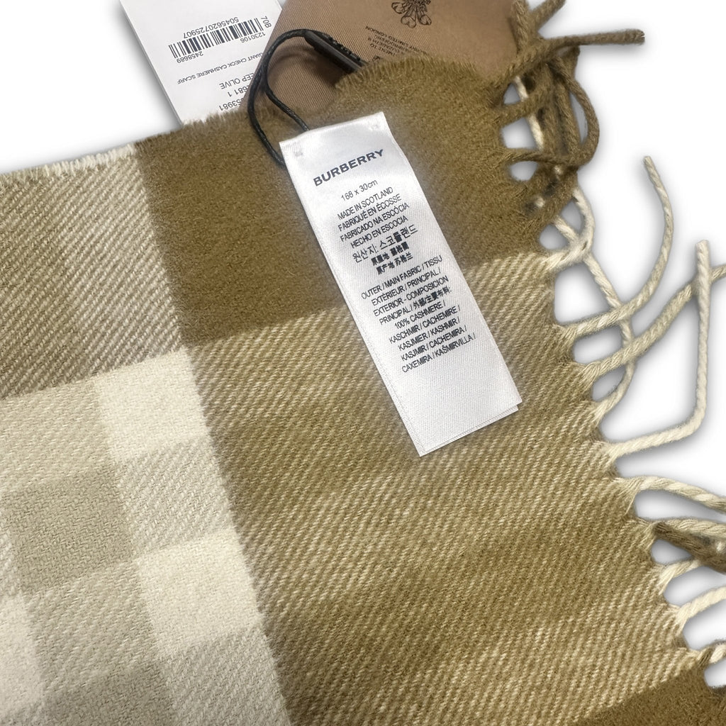 BURBERRY Unisex 100% Cashmere Classic Check Scarf In Deep Olive - Boinclo ltd - Outlet Sale Under Retail