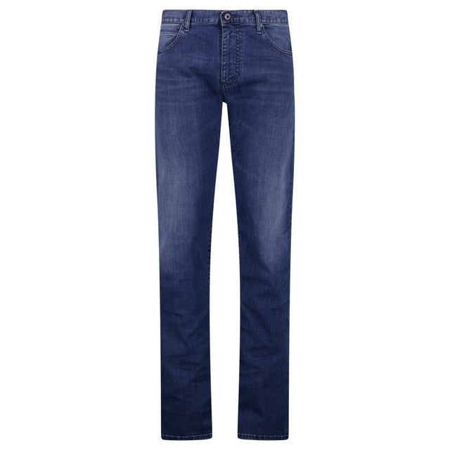 Emporio Armani J45 Regular Fit 5 Pocket Black Eagle Distressed Belt Patch Jeans Blue - Boinclo - Outlet Sale Under Retail
