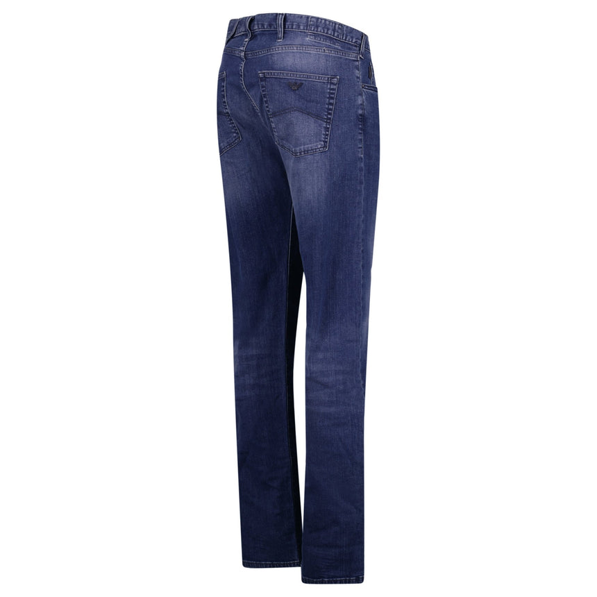 Emporio Armani J45 Regular Fit 5 Pocket Black Eagle Distressed Belt Patch Jeans Blue - Boinclo - Outlet Sale Under Retail