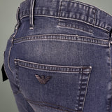 Emporio Armani J45 Slim Fit 5 Pocket Black Eagle Distressed Belt Patch Jeans Dark Blue - Boinclo - Outlet Sale Under Retail
