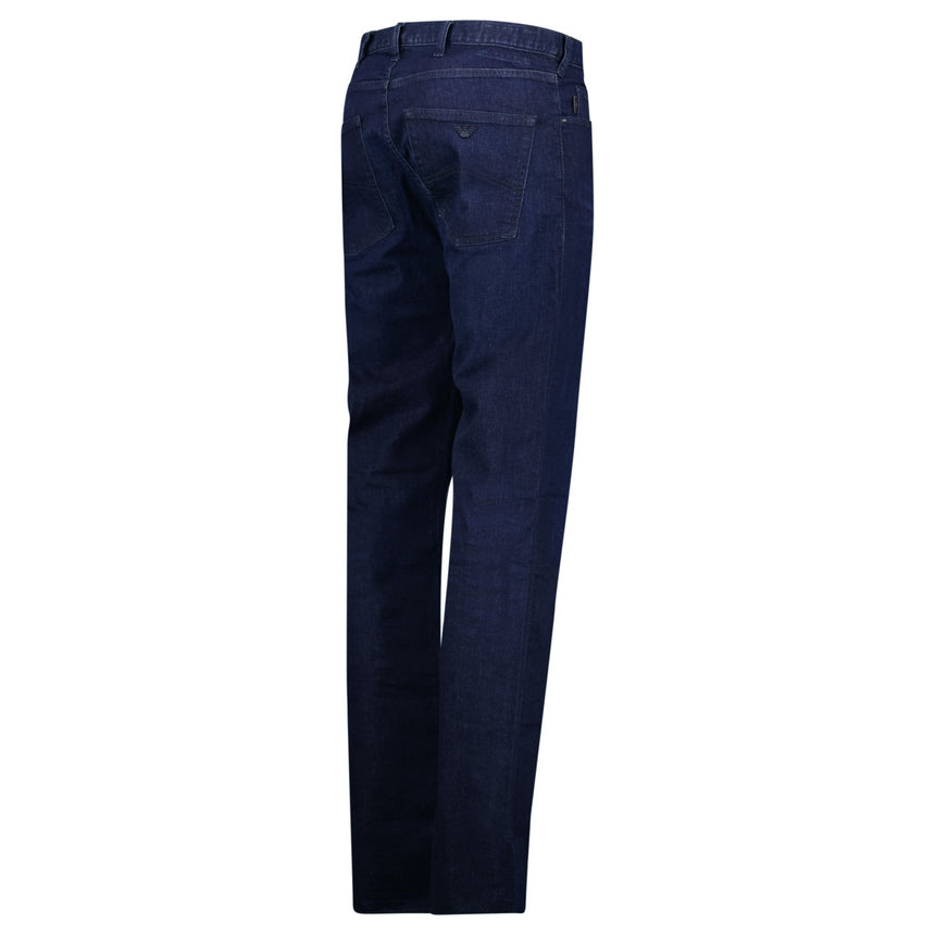 Emporio Armani J45 Slim Fit 5 Pocket Black Eagle Distressed Belt Patch Jeans Dark Blue - Boinclo - Outlet Sale Under Retail