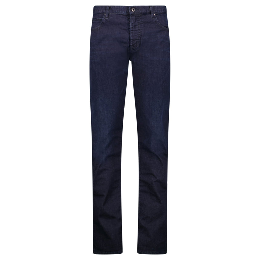 Emporio Armani J45 Slim Fit 5 Pocket Black Eagle Distressed Belt Patch Jeans Dark Blue - Boinclo - Outlet Sale Under Retail
