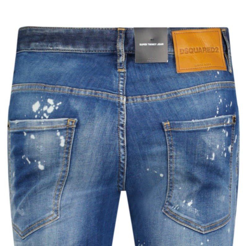 DSquared2 'Super Twinky Jean' Brown Patch Paint Splatter Jeans Blue - Boinclo ltd - Outlet Sale Under Retail
