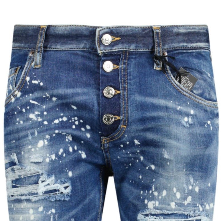 DSquared2 'Super Twinky Jean' Brown Patch Paint Splatter Jeans Blue - Boinclo ltd - Outlet Sale Under Retail