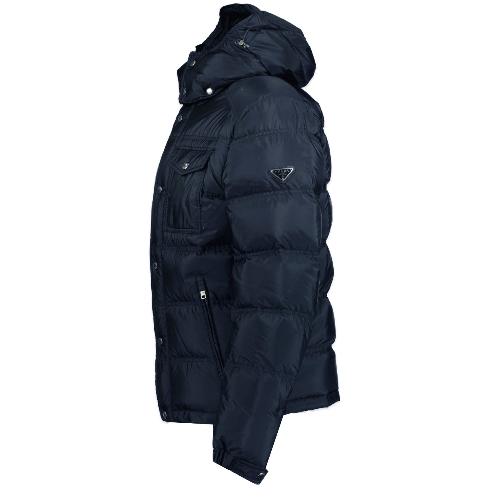Prada Nylon Front Pocket Hooded Down Jacket Navy | Boinclo ltd